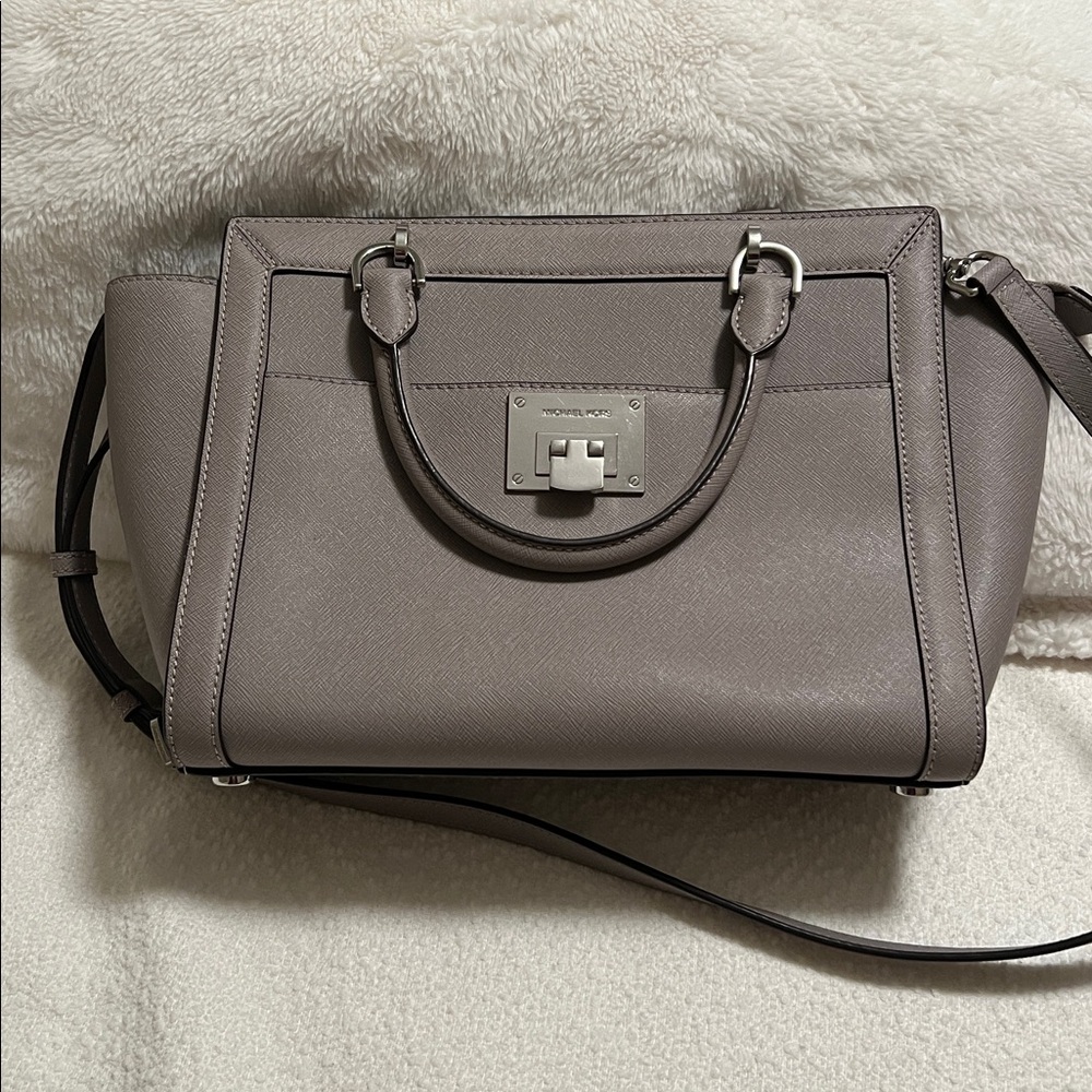 Michael Kors Tina Pearl Grey Saffiano Leather Large Satchel Crossbody Bag